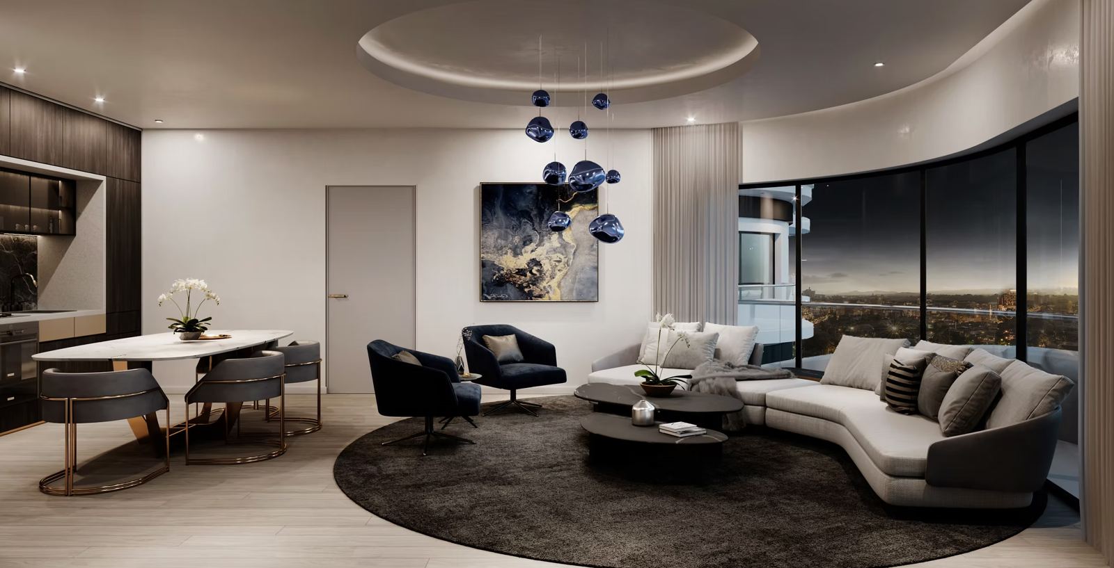 Curved lounge with city views (rendering)