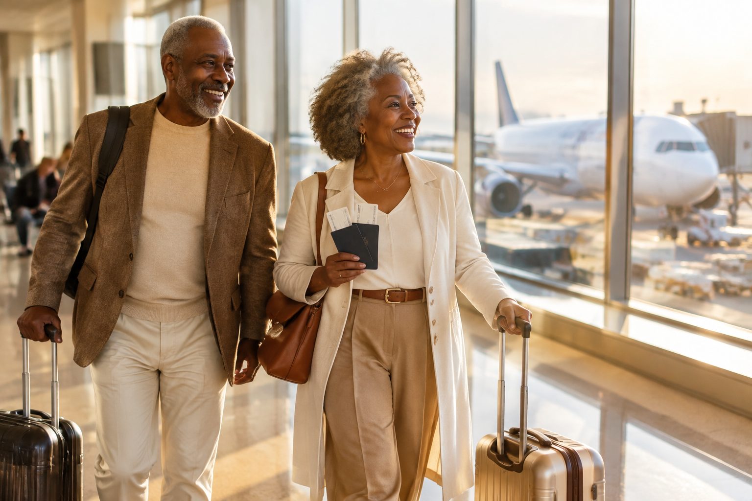 A smiling Black American couple in their sixties walking through an airport terminal with their suitcases and passports